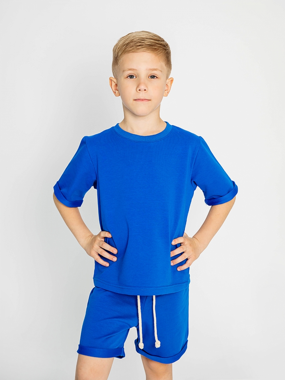 313-ЭЛ. Футболка + шорты, хлопок 70%, 25% ПЭ, 5% лайкра 2 нитка петля, электрик 122,128,134,140